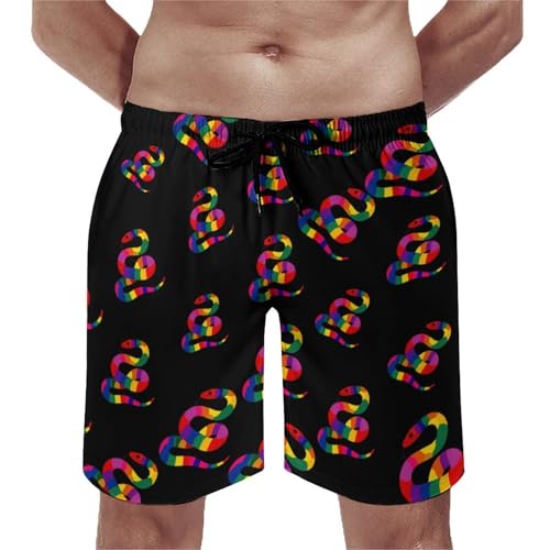 LGBT Rainbow Colored Snake Mens Swim Trunks Quick Dry Beach Swimming Shorts with Mesh Lining and Pockets