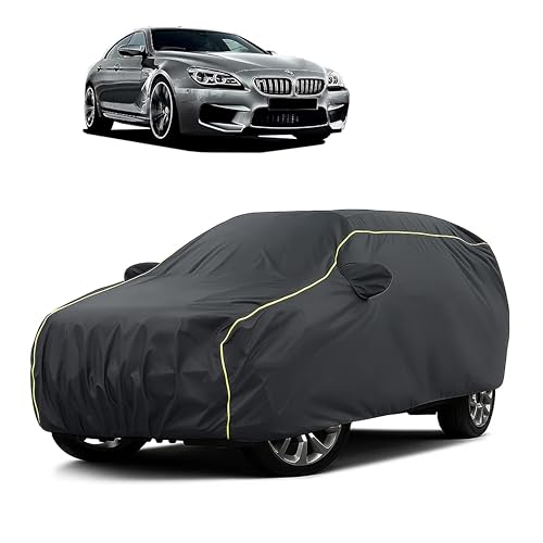 Image of Sulfar 100% Water Resistant Car Body Cover Compatible with Mirror for BMW M6 (Triple Stitched, Full Bottom Elastic, Dark Grey Taffeta with Yellow Piping)