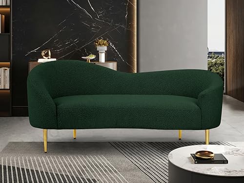 Image of Rosewood Luxury Curved Sofa in Premium Boucle Fabric | Solid Wood Structure | High Density Foam | Sturdy Golden Legs | Comfortable & Stylish Couch for Modern Living Room (Green, 2 Seater)