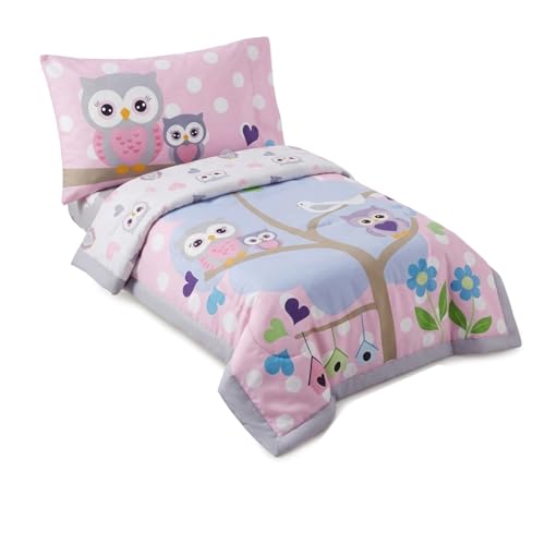 Image of EVERYDAY KIDS 4 Piece Toddler Bedding Set - Owls - Soft 100% Cotton Percale - Includes Comforter, Flat Sheet, Fitted Sheet and Reversible Pillowcase