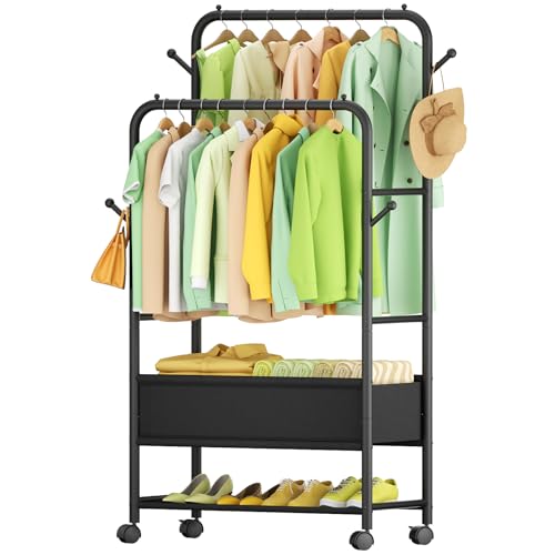 Clothing Racks for Hanging Clothes, Portable Clothing Rack with Wheels Rolling Clothes Racks, Black Garment Racks-Storage Box