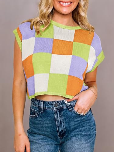 Image of Saodimallsu Womens Cap Sleeve Crop Tops Summer Color Block Going Out Crew Neck Knit Trendy Casual Sweater