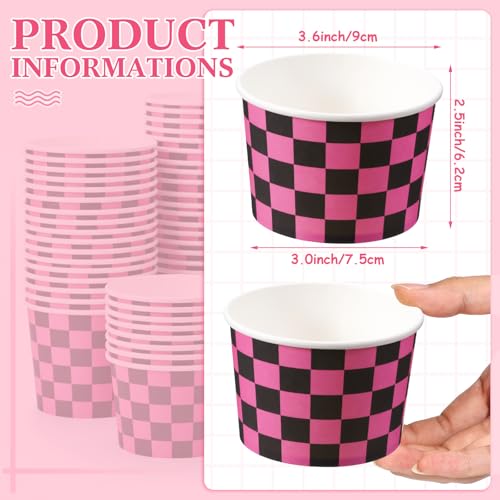 Image of Zopeal 50 Count Black and Pink Checkered Ice Cream Cups Paper Race Car