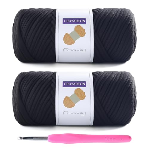 Image of 2 Pack T Shirt Yarn for Crocheting with 1 Crochet Hook, Elastic Tshirt Yarn for Crochet Bag /Baskets /Home Decor, Spaghetti Yarn Thick Knitting Yarn Total Length 130 Yds, Weight 14 Oz (Black)
