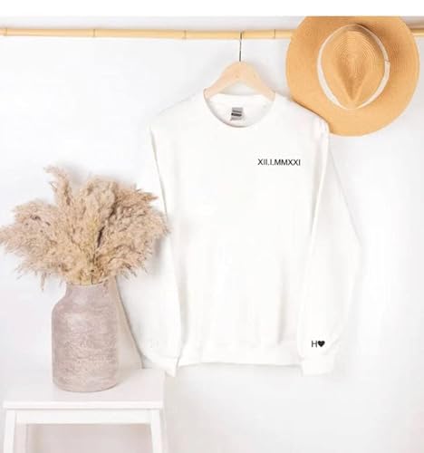 Generic Custom Embroidered Roman Numeral Date Crew Sweatshirt Sweaters/Couples Special Day Date/Initials On Sleeve/Wedding Day Anniversary Birthday Lovers Gift/Fast Shipping thumb #3