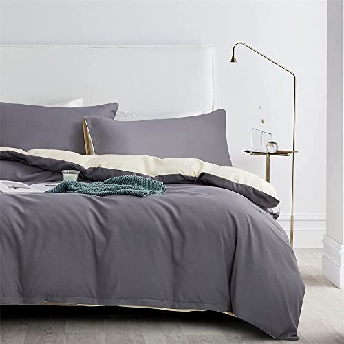 Gnomvaie Juego de ropa de cama de 135 x 200 cm, color gris, beige, liso, reversible, 2 piezas, microfibra, funda nórdica con cremallera y funda de almohada de 80 x 80 cm