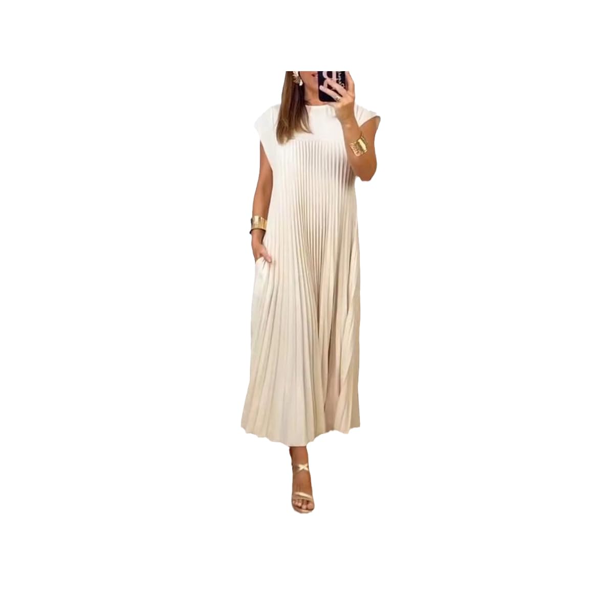 Generic Vestido Plisado Simple de Color sólido para Mujer, Vestidos de Verano para Mujer 2024, Vestidos Que ocultan la Grasa del Vientre