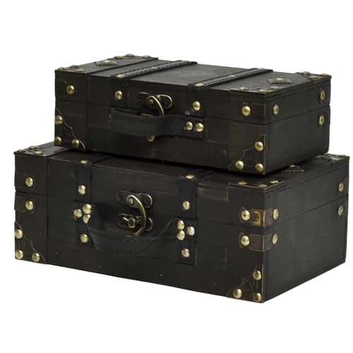 Wooden Vintage Luggage Trunks Set of 2, Decorative Antique Suitcase Boxes with Hinged Lids, Old Fashioned Chests for Home and Table Decor, Black