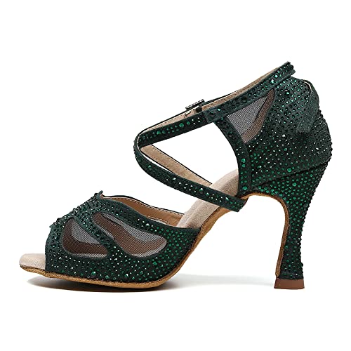 DKZSYIM Women Rhinestone Latin Ballroom Dance Shoes Bachata Salsa Practice Performance Dance Shoes,Model QJW9003