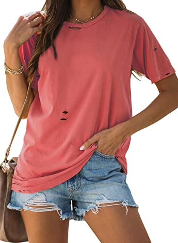 EVALESS Womens Summer Spring Short Sleeve Tops Fashion 2022 Loose Casual Sexy Crewneck Ripped Cotton T Shirts for Women Solid Color Cute Basic Tee Tshirts Red Large