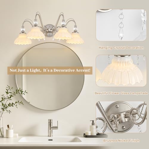 Image of Brushed Nickel Bathroom Vanity Light, 4-Light Nickel Finish Wall Sconce with Hanging Crystal Accents and Flower-Shaped White Glass Shades, Modern Wall Mount Vanity Light Over Mirror for Bathroom
