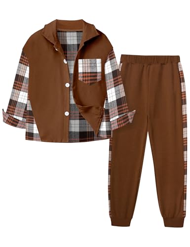 Image of Oranchids Boys Clothes Size 6 7 Boys' Clothing Sets Long Sleeve Brown Plaid Shirts Button Down Sweatshirt Jogger Fall Outfits Winter Clothes Thanksgiving Outfit