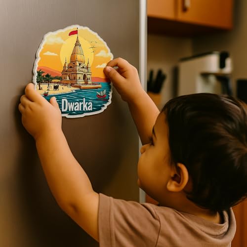 Image of Naxon Dwarkadhish Temple Souvenir Wooden Fridge Magnet - 3x3 Inch Refrigerator Magnet for Kitchen & Home Decor | Lord Krishna Dwarka Temple Travel Gift | Pack of 1
