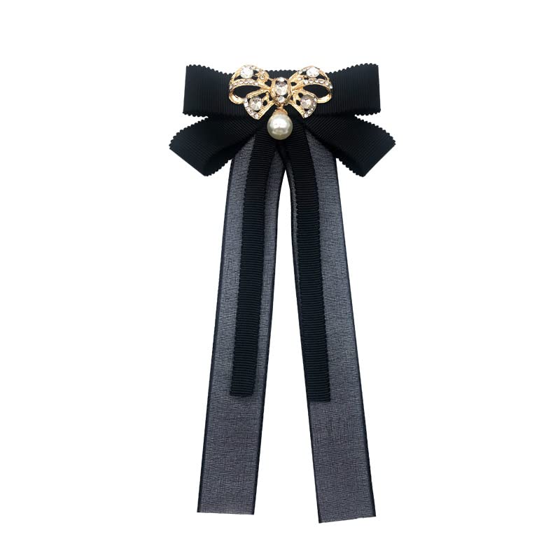 Premium Fabric Pearl Bow Tie Brooch Crystal Bowknot Lapel Pin Shirt Tie Cravat Collar Pins Brooches Jewelry for Women Accessories for Women (Metal Color : 1), Onecolor