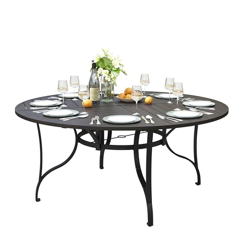 PHI VILLA Round Patio Table for 8 Black Metal Table w/Umbrella Hole