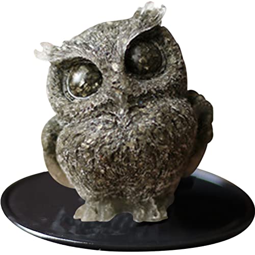 YUYAKESHI ふくろう 置物 マスコット オブジェ かわいい ミニ 梟 玄関 庭 さざれ石入れ 天然石 フクロウ インテリア 樹脂 装飾 小物 マット付き(鉄鉱石)