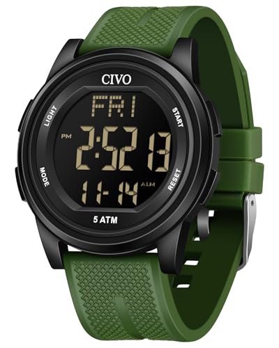 CIVO Reloj Hombre Digital Deportivo: Resistente al Agua 50m LED Esfera Grande Silicona Verde Cronómetro para Correr y Entrenamiento