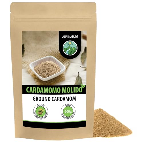 Alpi Nature Cardamomo Molido 200g, Vainas y Semillas de Cardamomo en Polvo para Cocinar y Hornear