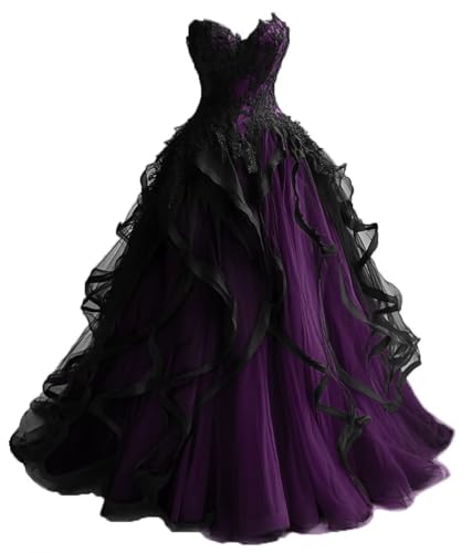 TRHTX Gothic Wedding Dresses for Bride Layered Tulle Black Bridal Gown Lace Applique Sweetheart Wedding Gowns