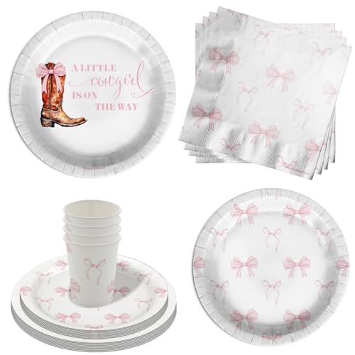 A Little Cowgirl On The Way Pink Bows Baby Shower Party Supplies - 64 Piece Baby Shower Tableware Set Includes Large 9" Dinner Plates and 8" Dessert Paper Plates Napkins Cups - Kit for 16