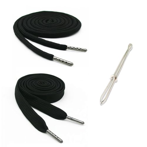 TORMEN Replacement Drawstrings Drawcords 51IN Cotton Drawstring Cord with Easy Metal Threader Adjustable Easy to Install Perfect for Hoodies Activewear(2PCS Black Flat+Black Round)