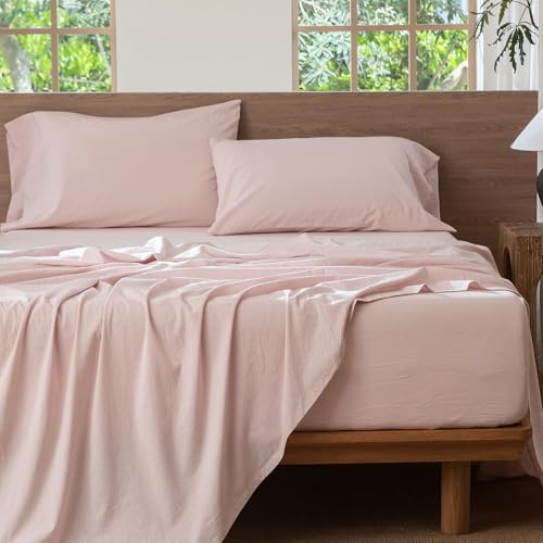 Image of MooMee Sheet Set 100% Washed Cotton Linen-Like Extra Deep Pocket King | Relaxed Linen-like Texture. Soft, Breathable & Lightweight Comfort. 15-19 inch Extra Deep Pocket with All-around Elastic