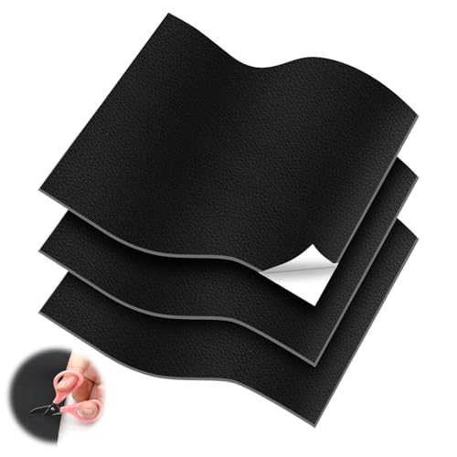 Juego de reparación de piel sintética autoadhesiva, 3 unidades, color negro, 32 x 22 cm, resistente al desgaste y a los arañazos, parche autoadhesivo con tijeras para sofá, asiento de coche, sofá,