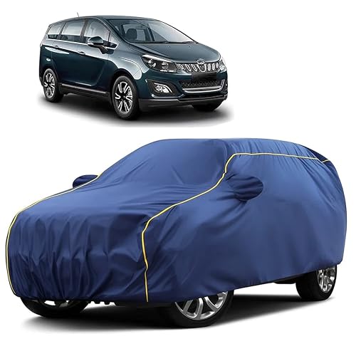 Image of Sulfar 100% Water Resistant Car Body Cover Compatible with Mirror for Mahindra Marazzo (Triple Stitched, Full Bottom Elastic, Blue Taffeta with Yellow Piping)