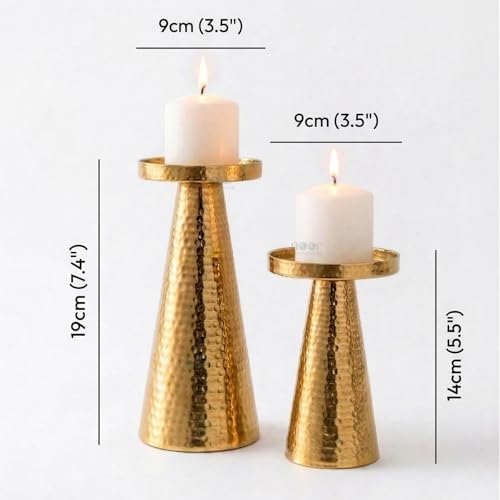 Image of ππππ πππππππππππππ Hammered Pillar Candle Holder Stand, Brass Gold Finish, Handcrafted by Artisans, Modern Home Decor for Living Room, Anniversary, Wedding, Diwali & Christmas Gift