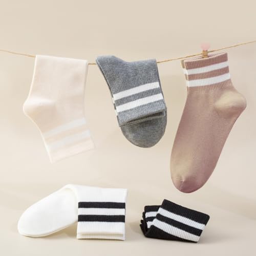 Image of SISOSOCK Quarter Crew Cotton Socks for Women Striped Athletic Casual Breathable Socks 10 Pairs with Gifts Box