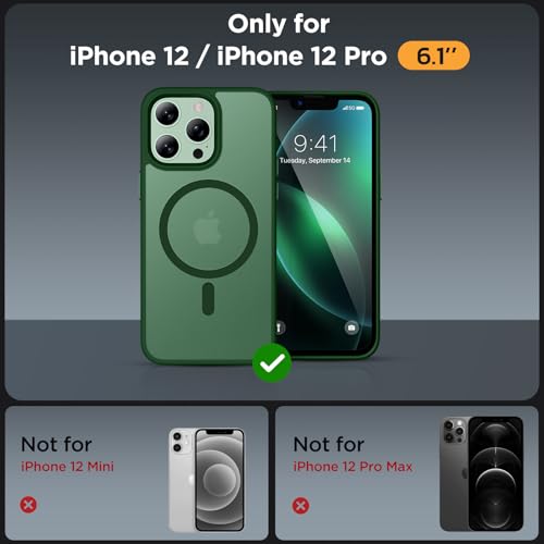 Image of Miracase Magnetic for iPhone 12 /12 Pro Case (Compatible with MagSafe) Military-Grade Protection, Anti-Fingerprint Translucent Matte Phone Cover for iPhone 12 /12 Pro Case 6.1 inch, Dark Green