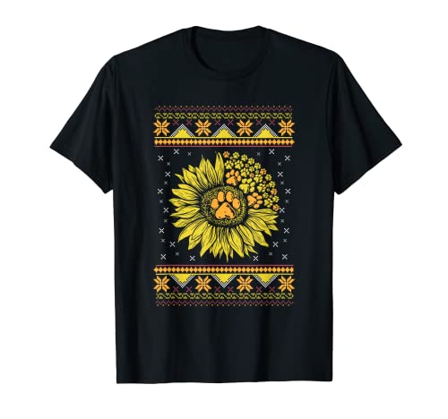 Sunflower Dog Paw Print Ugly Xmas Cool Christmas Gifts T-Shirt