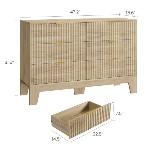 Image of Garvee 6 Drawer Dresser for Bedroom, 47 inch Wide Fluted Chest of Drawers with Metal Handle, Modern Wooden Dresser TV Stand, Clothes Storage Organizer Wood Closet for Hallway, Entryway, Natural Oak