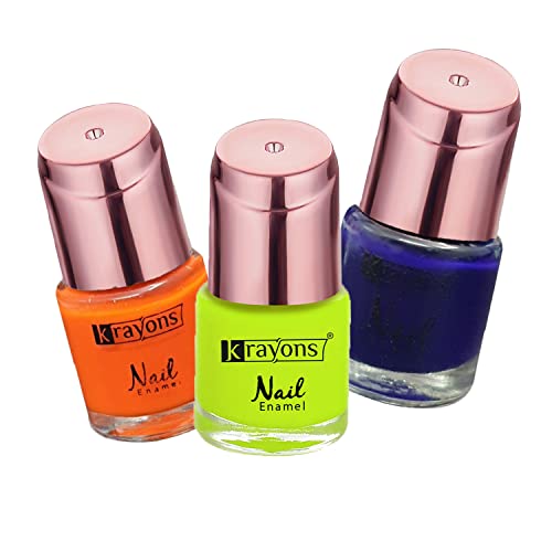 Image of Krayons Crazy Gel Nail Enamel, Waterproof, Longlasting, 8ml Each, Multicolor, Pack of 3 (Neon Orange, Neon Yellow, Deep Blue)
