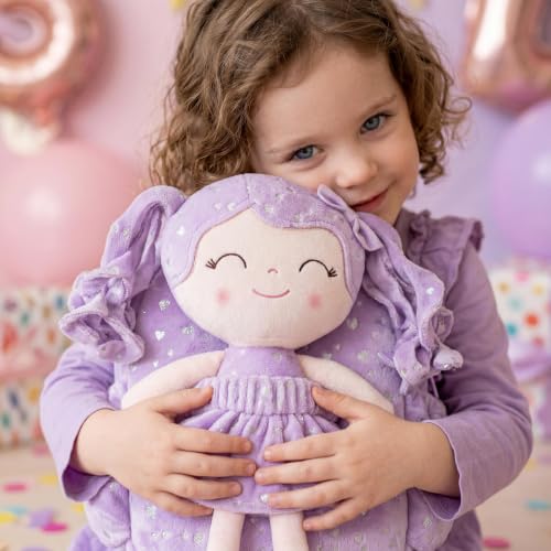 Image of Gloveleya Toddler Backpacks Baby Girl Gifts Curly Hair Plush Figures Dress Backpack - Silver Heart Accents in Soft Purple 11''