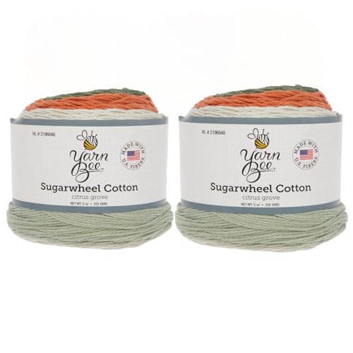Hobby Lobby Yarn Bee Sugarwheel Cotton, 3-Light, 100% Cotton, Yarn for Crocheting & Knitting Blankets, Hats & Accessories, Set of 2, 167 Citrus Grove