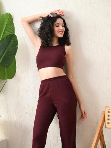 Image of Women's Maroon Ribbed Sleeveless Co-ord Set | Stylish Crop Top & High-Waist Pants