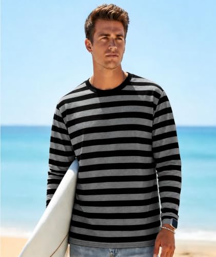 Image of KESIHAN Mens Striped Long Sleeve Shirt Crewneck Casual Basic Stripe Tee | Crewneck long sleeve striped tee with cotton spandex fabric,casual regular fit basic style for daily wear and layering.