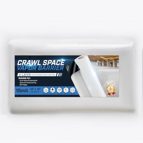 Crawl Space Vapor Barrier - 15 Mil Vapor Barrier - (12 x 12) Tear Resistant Heavy Duty Vapor Barrier Plastic Drop Cloth Moisture Barrier Plastic Sheeting Covering for Crawlspace Encapsulation