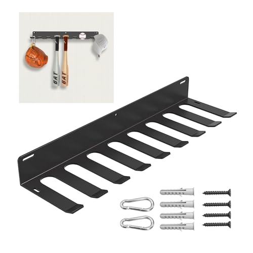 17-inch Wall Mount Baseball Bat Holder Rack - Holds 16 Bats, Heavy Duty Metal Hanger Softball Bat with M6 Screws & Safety Hooks for Dugout Fence, Garage, Gym Organization, Black Powder Coated