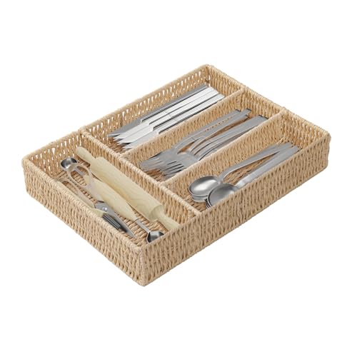 Yawinhe Organizador Tejido de Cubiertos, Cubertero para Cajones, Versátil Cajón de Cocina, para Cucharas, Tenedores, Hecho de Cuerda de Papel, 35x25x5.5cm, Lot de 1, Color Natural