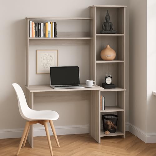 Casafoyer Versalles Writing Desk with Bookshelf, Light Gray Finish, Compact Home Office Desk with Two Upper Storage Shelves and Integrated Side Bookcase, Modern Functional Workspace for Study or Work - Thumbnail 2