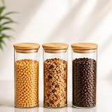 Kit 3 Potes Herméticos de Vidro 550ml com Tampa de Bambu Cilíndrico Redondo Vedação em Silicone para Mantimentos Cozinha Organizada