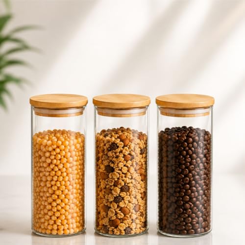 Kit 3 Potes Herméticos de Vidro 550ml com Tampa de Bambu Cilíndrico Redondo Vedação em Silicone para Mantimentos Cozinha Organizada
