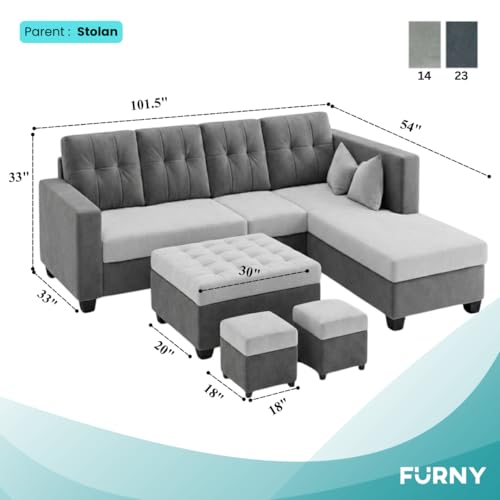 Image of FURNY Nathan 8 Seater L Shape Sofa Set RHS (Light Grey-Dark Grey) | Suede Velvet Finish | Durable Comfort Sofa for Modern Living Room & Office Spaces