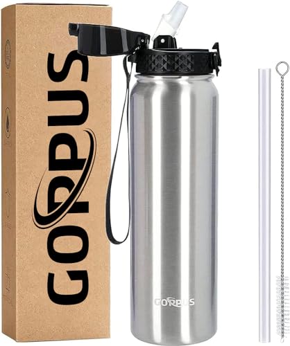 GOPPUS 1L/32oz Borraccia in Acciaio Inox con Cannuccia, per Acqua Termica Calda, a Doppia Parete, Isolata, per Acqua Fredda a Prova di Perdite Adulto