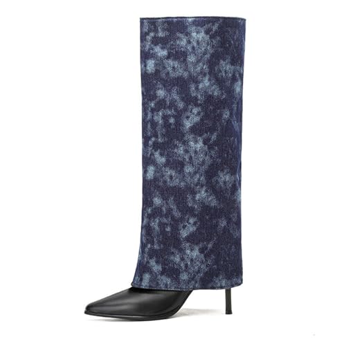Bottes longues denim talon aiguille bout pointu pour allonger les silhouettes