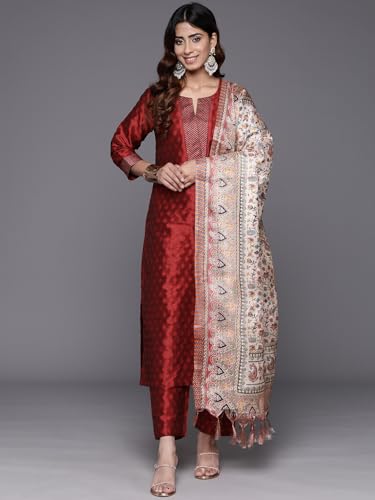 Image of Varanga Women Embroidered Straight Kurta Pant Set with Dupatta | Silk Blend Fabric | 3 /4 Sleeve Round Neck | Lightweight Comfortable Summer Wear