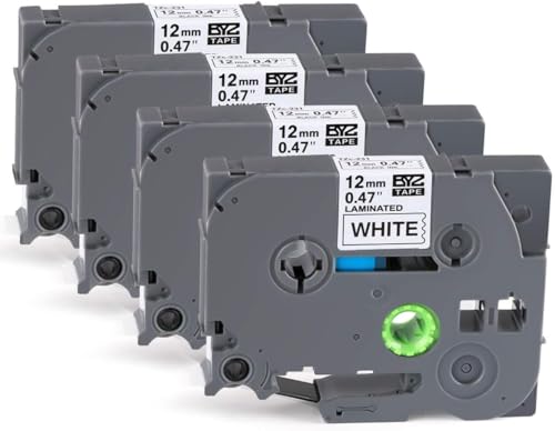 4 x Ruban Etiqueteuse Cassette Ruban pour étiqueteuse Noir sur Blanc 12mm x 8m,Compatible Brother P-Touch Étiqueteuses PT-E100 PT-E200 D200 D210 H100 P300BT...