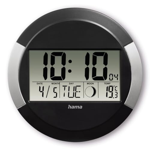 Hama Wanduhr Digital mit Funk (Funkuhr ohne tickgeräusche, Digitaluhr mit LCD-Display, Thermometer, Kalender, Mondphase, inkl. Batterie zum...
